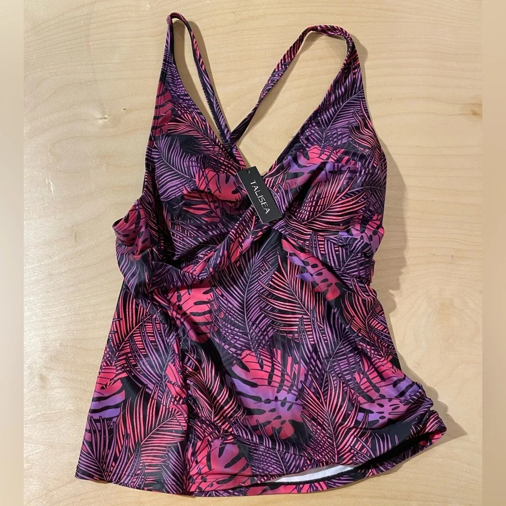 Talisea Pink and Purple Leaf Print Swim Top Large (OO)